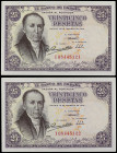 Spanish Banknotes
Estado Español

Lote 2 billetes 25 Pesetas. 19 Febrero 1946. Florez Estrada. Serie I. Pareja correlativa. Ed-450a. SC- y SC.