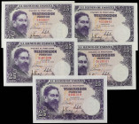 Spanish Banknotes
Estado Español

Lote 5 billetes 25 Pesetas. 22 Julio 1954. Albeniz. Sin Serie. (Leves arruguitas, alguna esquina algo rozada). A ...