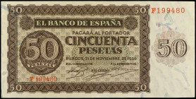 Spanish Banknotes
Estado Español

50 Pesetas. 21 Noviembre 1936. Serie F. (Pliegue central y pliegue en esquina. Alguna muy leve erosión de adhesiv...