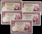 Spanish Banknotes
Estado Español

Lote 5 billetes 50 Pesetas. 31 Diciembre 1951. Rusiñol. Sin Serie.. (Arruguitas, alguna leve manchita o esquina m...