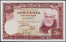 Spanish Banknotes
Estado Español

50 Pesetas. 31 Diciembe 1951. Rusiñol. Serie A. (Levísimas arruguitas). Ed-462a. SC.