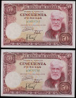 Spanish Banknotes
Estado Español

Lote 2 billetes 50 Pesetas. 31 Diciembe 1951. Rusiñol. Serie A. Pareja correlativa. Ed-462a. SC.