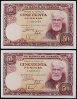 Spanish Banknotes
Estado Español

Lote 2 billetes 50 Pesetas. 31 Diciembe 1951. Rusiñol. Serie C. Pareja correlativa. (Levísima arruguita). Ed-462a...