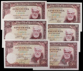 Spanish Banknotes
Estado Español

Lote 6 billetes 50 Pesetas. 31 Diciembre 1951. Rusiñol. Serie C. (Leves arruguitas, alguna levísima manchita). A ...