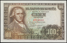 Spanish Banknotes
Estado Español

100 Pesetas. 2 Mayo 1948. Bayeu. Sin Serie. Ed-456. SC.