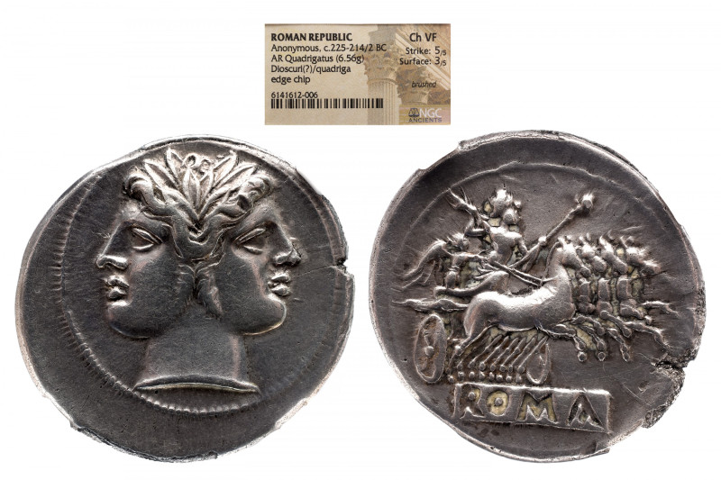 Greek 
Latium, Rome 
Quadrigatus circa 225-214, AR NGC CH-VF 
Laureate Janifo...