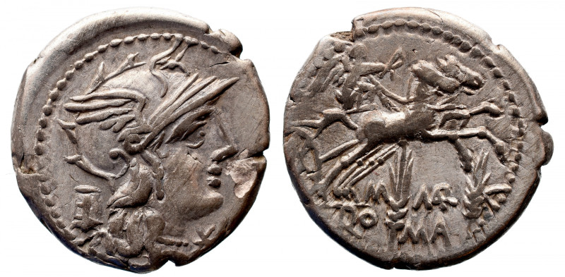 Roman Republic 
M. Marcius Mn. f. AR Denarius. Rome, 134 BC. Helmeted head of R...