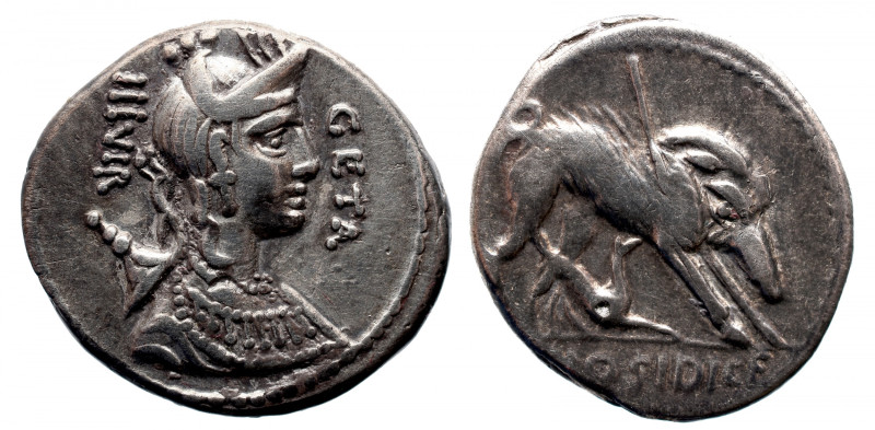 Roman Republic 
C. Hosidius C. f. Geta AR Denarius. Rome, 68 BC. Draped bust of...