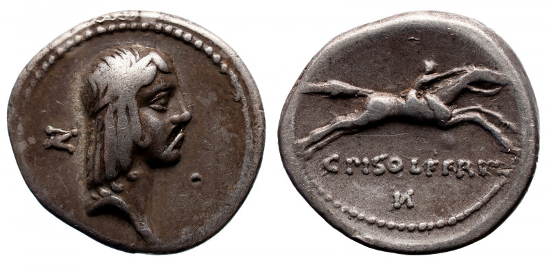 Roman Republic 
C. Piso L. f. Frugi AR Denarius. Rome, 67 BC. Head of Apollo ri...
