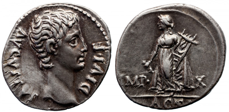 Roman Imperial 
Augustus AR Denarius. Lugdunum, 15 BC. AVGVSTVS DIVI•F, bare he...