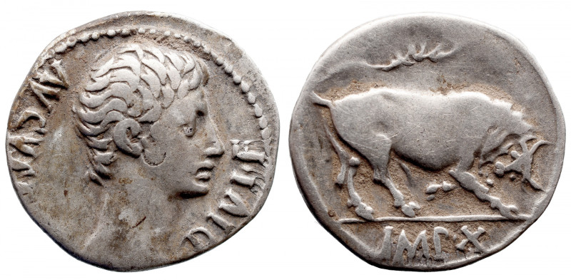 Roman Imperial 
Augustus AR Denarius. Lugdunum, 15-13 BC. AVGVSTVS DIVI•F, bare...