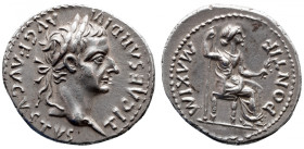 Roman Imperial 
Tiberius AR Denarius. Lugdunum, 14-37 AD. TI CAESAR DIVI AVG F AVGVSTVS, laureate bust right / PONTIF MAXIM, Livia, as Pax, seated ri...