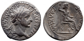 Roman Imperial 
Tiberius AR Denarius. Lugdunum, 14-37 AD. TI CAESAR DIVI AVG F AVGVSTVS, laureate bust right / PONTIF MAXIM, Livia, as Pax, seated ri...