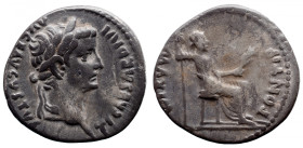 Roman Imperial 
Tiberius AR Denarius. Lugdunum, 14-37 AD. TI CAESAR DIVI AVG F AVGVSTVS, laureate bust right / PONTIF MAXIM, Livia, as Pax, seated ri...