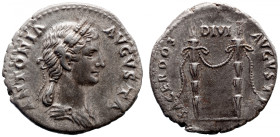 Roman Imperial 
Antonia Minor (mother of Claudius) AR Denarius. Rome, AD 41-45. ANTONIA AVGVSTA, draped bust to right, wearing crown of corn-ears, ha...