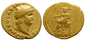 Roman Imperial 
Nero AV Aureus. Rome, AD 66-67. IMP NERO CAESAR AVGVSTVS, laureate head to right / Salus seated to left on high-backed throne, holdin...