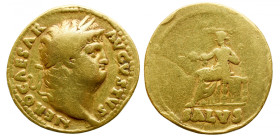 Roman Imperial 
Nero AV Aureus. Rome, AD 65-66. NERO CAESAR AVGVSTVS, laureate head to right / Salus seated to left on throne, holding patera in left...