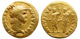 Roman Empire 
Nero AV Aureus. Rome, AD 64-65. NERO CAESAR AVGVSTVS, laureate head right / AVGVSTVS AVGVSTA, Nero, radiate and togate, holding long sce...