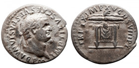 Roman Imperial 
Titus AR Denarius. Rome, AD 80. IMP TITVS CAES VESPASIAN AVG P M, laureate head to right / TR P IX IMP XV COS VIII P P, pulvinar (thr...