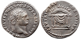 Roman Imperial 
Titus AR Denarius. Rome, January - June AD 80. IMP TITVS CAES VESPASIAN AVG P M, laureate head right / TR P IX IMP XV COS VIII P P, d...