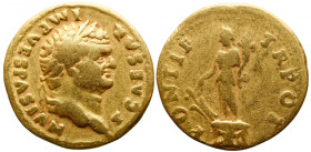 Roman Imperial 
TITUS (Caesar, 69-79). GOLD Aureus. Rome. 
Obv: T CAESAR IMP VESPASIAN. Laureate head right. 
Rev: PONTIF TR POT. Fortuna standing ...