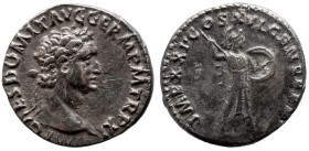 Roman Imperial 
Domitian AR Denarius. Rome, AD 92. IMP CAES DOMIT AVG GERM P M TR P XI, laureate head to right / IMP XXI COS XVI CENS P P P, Minerva ...