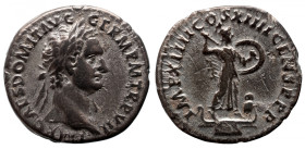 Roman Imperial 
Domitian AR Denarius. Rome, AD 88. IMP CAES DOMIT AVG GERM P M TR P VII, laureate head to right / IMP XIIII COS XIIII CENS P P P, Min...