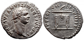 Roman Imperial 
Domitian AR Denarius. Rome, AD 81. IMP CAES DOMITIANVS AVG P M, laureate head to right / TR P COS VII DES VIII P P, draped throne, wi...