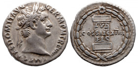 Roman Imperial 
Domitian AR Denarius. Rome, AD 88. IMP CAES DOMIT AVG [G]ERM P M TR P VIII, laureate head to right / Column inscribed LVD SAEC FEC in...