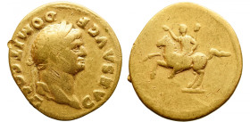 Roman Imperial 
Domitian AV Aureus. Rome, AD 73-5. CAES AVG F DOMIT COS II, laureate bust right / Domitian on horseback galloping left, with right ha...