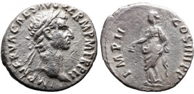 Roman Imperial 
Nerva AR Denarius. Rome, AD 98. IMP NERVA CAES AVG GERM P M TR P II, laureate head to right / IMP II COS IIII P P, Fortuna standing t...