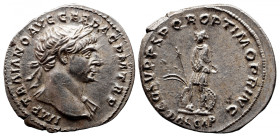 Roman Imperial 
Trajan AR Denarius. Rome, AD 103-111. IMP TRAIANO AVG GER DAC P M TR P, laureate bust right, drapery on far shoulder / COS V P P SPQR...