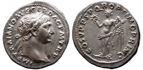Roman Imperial 
Trajan AR Denarius. Rome, AD 103-111. IMP TRAIANO AVG GER DAC P M TR P, laureate head right, not drapery on shoulder / COS V P P S P ...