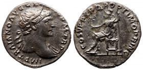Roman Imperial 
Trajan AR Denarius. Rome, AD 111-3. IMP TRAIANO AVG GER DAC P M TR P, laureate bust right / COS V P P SPQR OPTIMO PRINC, Roma seated ...