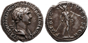Roman Imperial 
Trajan AR Denarius. Rome, AD 114-117. IMP CAES NER TRAIANO OPTIMO AVG GER DAC, laureate, draped and cuirassed bust right, seen from t...