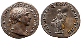 Roman Imperial 
Trajan AR Denarius. Rome, AD 103-111. IMP TRAIANO AVG GER DAC P M TR P, laureate head to right, slight drapery on far shoulder / COS ...