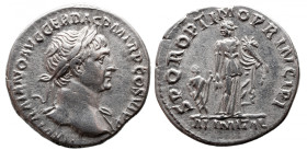 Roman Imperial 
Trajan AR Denarius. Rome, AD 112-114. IMP TRAIANO AVG GER DAC P M TR P COS VI P P, laureate bust to right, slight drapery on far shou...