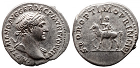 Roman Imperial 
Trajan AR Denarius. Rome, AD 112-113. IMP TRAIANO AVG GER DAC P M TR P COS VI P P, laureate head to right, slight drapery on far shou...