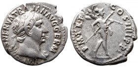 Roman Imperial 
Trajan AR Denarius. Rome, AD 101-102. IMP CAES NERVA TRAIAN AVG GERM, laureate bust right, aegis on far shoulder / P M TR P COS IIII ...