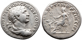 Roman Imperial 
Trajan AR Denarius. Rome, AD 104-107. IMP TRAIANO AVG GER DAC P M TR P COS V P P, laureate bust to right, slight drapery on far shoul...