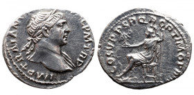 Roman Imperial 
Trajan AR Denarius. Rome, AD 108-109. IMP TRAIANO AVG GER DAC P M TR P, laureate bust to right, slight drapery on far shoulder / COS ...