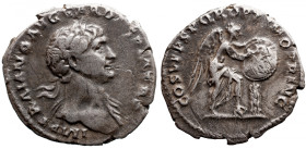 Roman Imperial 
Trajan AR Denarius. Rome, AD 103-111. IMP TRAIANO AVG GER DAC P M TR P, laureate bust right, slight drapery on far shoulder / COS V P...