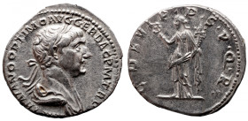Roman Imperial 
Trajan AR Denarius. Rome, AD 114. IMP TRAIANO OPTIMO AVG GER DAC P M TR P, laureate and draped bust to right / COS VI P P S P Q R, Fe...