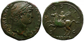 Roman Imperial 
Hadrian &AElig; Sestertius. Rome, AD 124-127. HADRIANVS AVGVSTVS, laureate head to right, slight drapery on far shoulder / COS III, E...