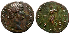 Roman Imperial 
Hadrian &AElig; Sestertius. Rome, AD 134-134. HADRIANVS AVG COS III P P, laureate bust right / AEQVITAS AVG, Aequitas standing left, ...