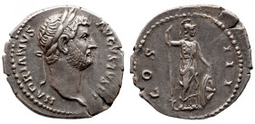 Roman Imperial 
Hadrian AR Denarius. Rome, AD 128-132. HADRIANVS AVGVSTVS P P, laureate head right. / COS III, Minerva standing to right, holding lon...