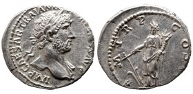 Roman Imperial 
Hadrian AR Denarius. Rome, AD 119-122. IMP CAESAR TRAIAN HADRIANVS AVG, laureate bust right, slight drapery on left shoulder / P M TR...