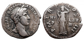 Roman Imperial 
Hadrian AR Denarius. Rome, AD 119-122. IMP CAESAR TRAIAN HADRIANVS AVG, laureate head right / P M TR P COS III, Hilaritas standing fa...