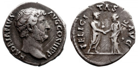 Roman Imperial 
Hadrian AR Denarius. Rome, AD 134-138. HADRIANVS AVG COS III P P, bare head right / FELICITAS AVG, Felicitas standing left, holding c...
