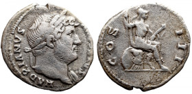 Roman Imperial 
Hadrian AR Denarius. Rome, AD 128-129. HADRIANVS AVGVSTVS P P, laureate head to right / COS III, Virtus seated to right on cuirass an...